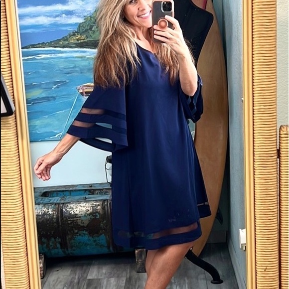 ⭐️Lightweight, Navy Blue Dress, Dress Up or Down, Lovely, Sheer Striped Hems, L - Picture 2 of 10